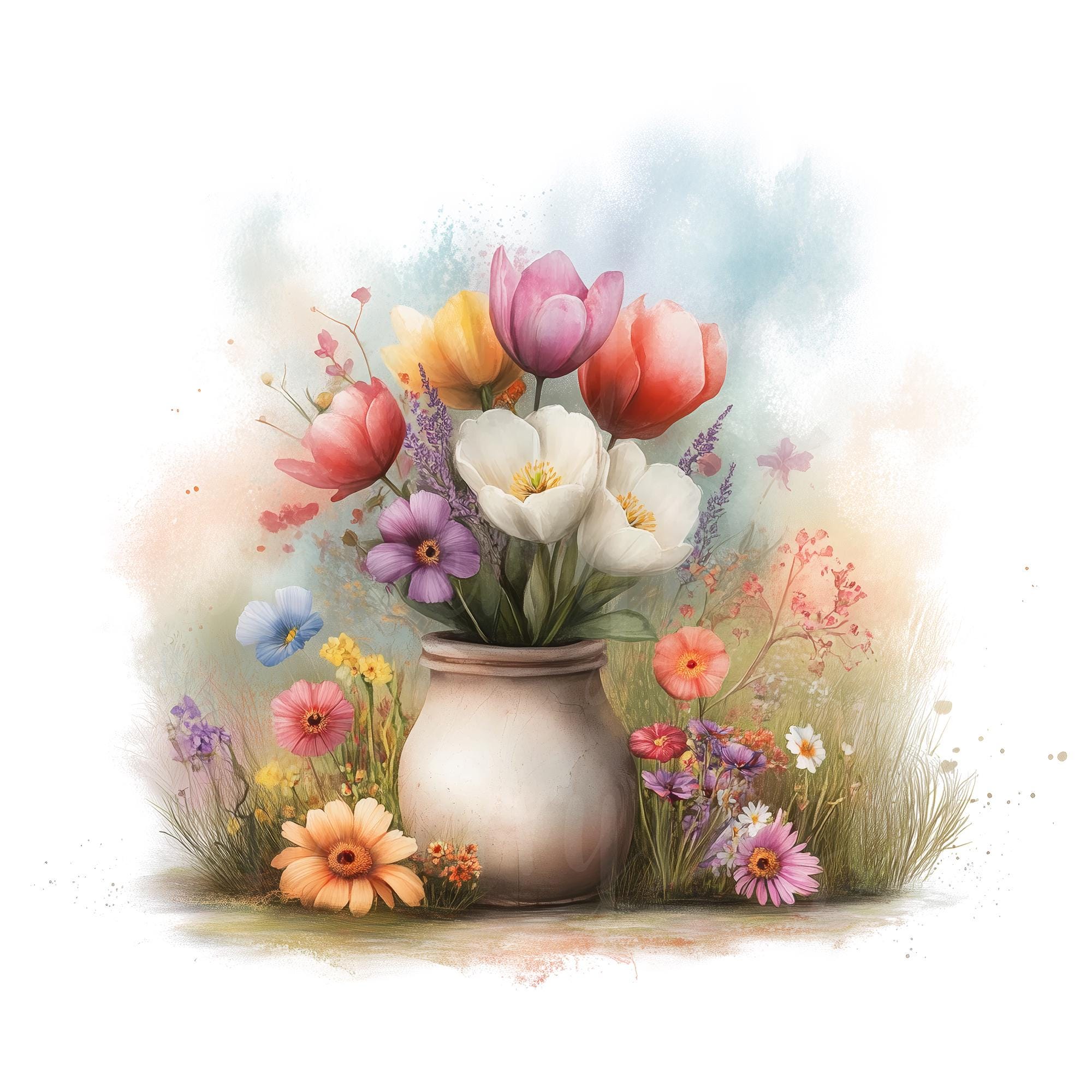 Flower Vase Bouquet Clipart, Set of 12 PNG Watercolor Clip Art Bundle ...