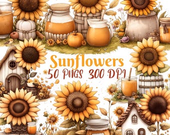 Sunflowers Clipart, Set of 50 PNG Bundle, 300 DPI Clip Art, Watercolor Element Digital Art, Fall Rustic Autumn Summer Yellow Flowers Bouquet