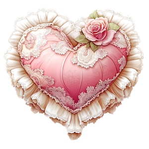 Almofadas de coração clipart, conjunto de 15 PNG Bundle, 300 DPI Clip Art, Pink Love Valentines Day Lace Filigrana, aquarela Digital Graphic Elements