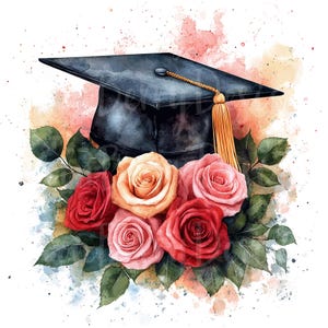 Abschlusskappe Clipart, 16er PNG-Bundle, 300 DPI Clip Art, schwarze Schulfarbe Grad Party Klasse von 2025 Aquarell digitaler Aufkleber Bild