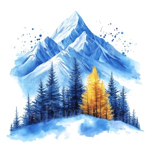 Imágenes prediseñadas de montaña, conjunto de 11 paquetes PNG, imágenes prediseñadas de 300 DPI, calcomanías gráficas digitales de acuarela para pared, árboles de pino y bosque azul, al aire libre