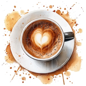 Puede incluir: Ilustración en acuarela de una taza de café con un diseño en forma de corazón en la espuma, sobre un platillo blanco. Manchas de café marrón rodean la taza y el platillo, creando una estética cálida.