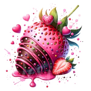 Clipart de morango coberto de chocolate, conjunto de 10 PNG Bundle, 300 DPI Clip Art, Pink Love Valentines Day, elementos gráficos digitais em aquarela