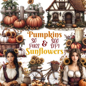 Pumpkins and Sunflowers Clipart, Set of 30 PNG Bundle, 300 DPI Clip Art, Fall Rustic Autumn, Watercolor Graphic Art, Digital, Sublimation