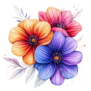 Clipart fleurs, lot de 10 PNG, 300 DPI Clip Art, jardin vert violet rose orange, oeuvre d'art de l'élément graphique numérique aquarelle pastel