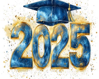Graduation 2025 Clipart, Set of 12 PNG Bundle, 300 DPI Watercolor Clip Art, Blue School Color College Grad Party Highschool Class of 2025 25