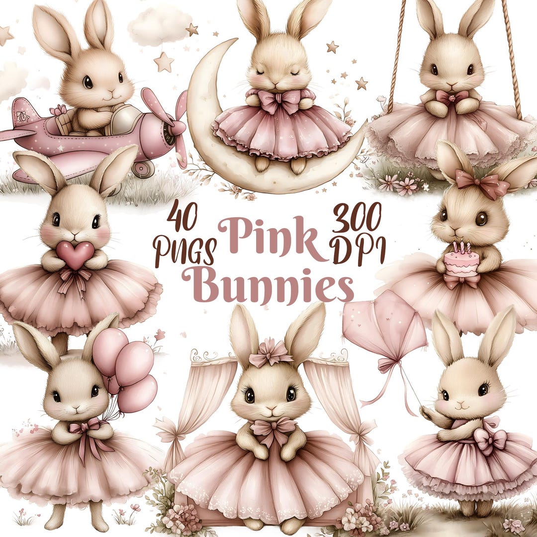 Pink Bunnies Clipart, Set of 40 PNG Bundle, 300 DPI Clipart, Watercolor ...