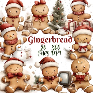 Gingerbread Man Clipart, Set of 20 PNG Bundle, 300 DPI Clip Art, Winter Christmas Clipart, Watercolor Holiday Graphic Art, Sublimation, POD