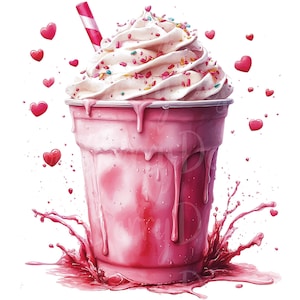 Pode incluir: Um milkshake rosa com chantilly e granulado, pingando pelas laterais do copo. O milkshake está rodeado de corações cor-de-rosa.