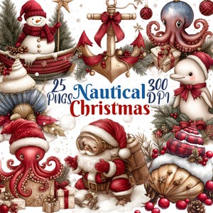 Pode incluir: Um conjunto de 25 ilustrações digitais de Natal náuticas, cada uma com uma resolução de 300 DPI. As ilustrações incluem um boneco de neve, uma âncora, um polvo, um golfinho, um Papai Noel e uma concha.