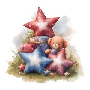 Americana Stars-illustraties, set van 11 PNG-clipartbundel, 4 juli partij vlag ster stip rood wit blauw liefde Fourth of July aquarel sticker