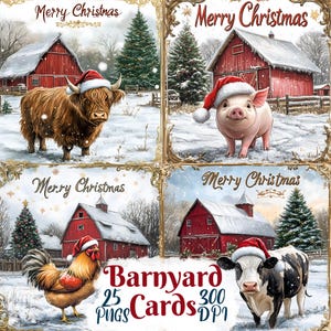 Christmas Cards Clipart, Set of 25 PNG Bundle, 300 DPI Clip Art, Winter Watercolor Graphic Element, Holiday Postcards, Farm Animals Red Barn