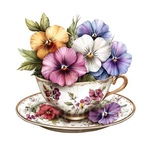 Wildflower Teacups Clipart, Conjunto de 15 PNG Bundle, 300 DPI Clip Art, Floral Garden Spring Summer, Pastel Watercolor Digital Graphic Element