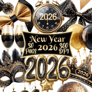 New Years 2026 Clipart, Set of 30 PNG Bundle, Black Gold Watercolor Clip Art