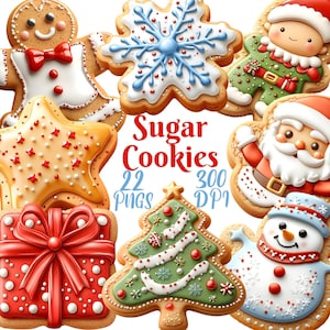 Sugar Cookie Clipart, Set of 22 PNG Bundle, 300 DPI Clip Art, Winter Christmas Clipart, Watercolor Holiday Graphics Elements, Santa Elf Snow