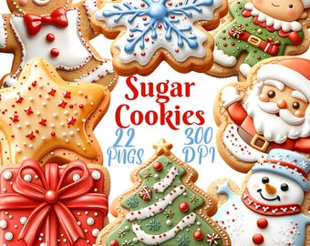 Sugar Cookie Clipart, Set of 22 PNG Bundle, 300 DPI Clip Art, Winter Christmas Clipart, Watercolor Holiday Graphics Elements, Santa Elf Snow