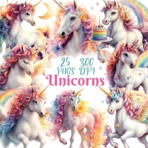 Unicorn Clipart, Set of 25 PNG Bundle, 300 DPI Clipart, Rainbow Horses Unicorn Clip Art, Watercolor Digital Graphic Artwork, Sublimation POD