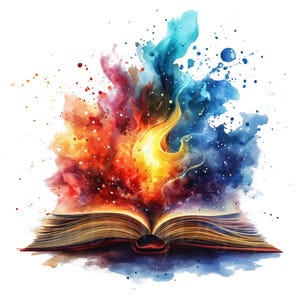 Livre magique des cliparts, lot de 12 PNG, clipart aquarelle arc-en-ciel, histoire de lecture Journal de l'artiste école éclaboussures de peinture galaxie éclaboussures de fumée