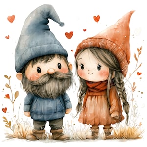 Valentines Gnome Couple Clip Art, Set of 10 PNG Bundle, 300 DPI Clipart, Red Love Pink Hearts Rustic Day, Watercolor Digital Graphic Sticker