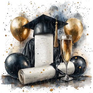 Afstuderen illustraties, set van 10 PNG-bundel 300 DPI aquarel clipart, zwarte school kleur College Grad Party Highschool klas van 2025 2026 25