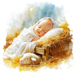 May include: A baby Jesus sleeping in a manger with a white blanket and a lamb lying next to him. The manger is made of wood and straw. The background is a watercolor painting of a starry sky.
