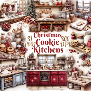 Op de afbeelding: Waterverfillustratie van kerstkeukens met bakbenodigdheden, koekjes en een versierde kerstboom. De afbeelding bevat de tekst "Christmas Cookie Kitchens". De scène is gevuld met feestelijke elementen.