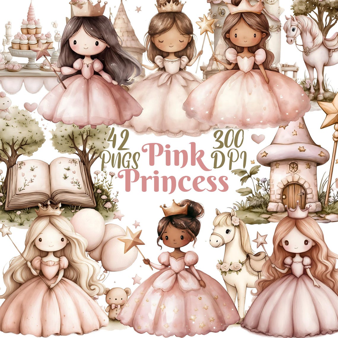 Pink Princess Clipart, Set of 42 PNG Bundle, 300 DPI Clip Art ...