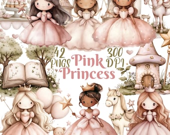 Rosa Prinzessin Clipart, Set aus 42 PNG-Bundle, 300 DPI Clip Art, Aquarell Digitale Grafik, Märchenhafte Mädchen Burg Kutsche Ritter Kind