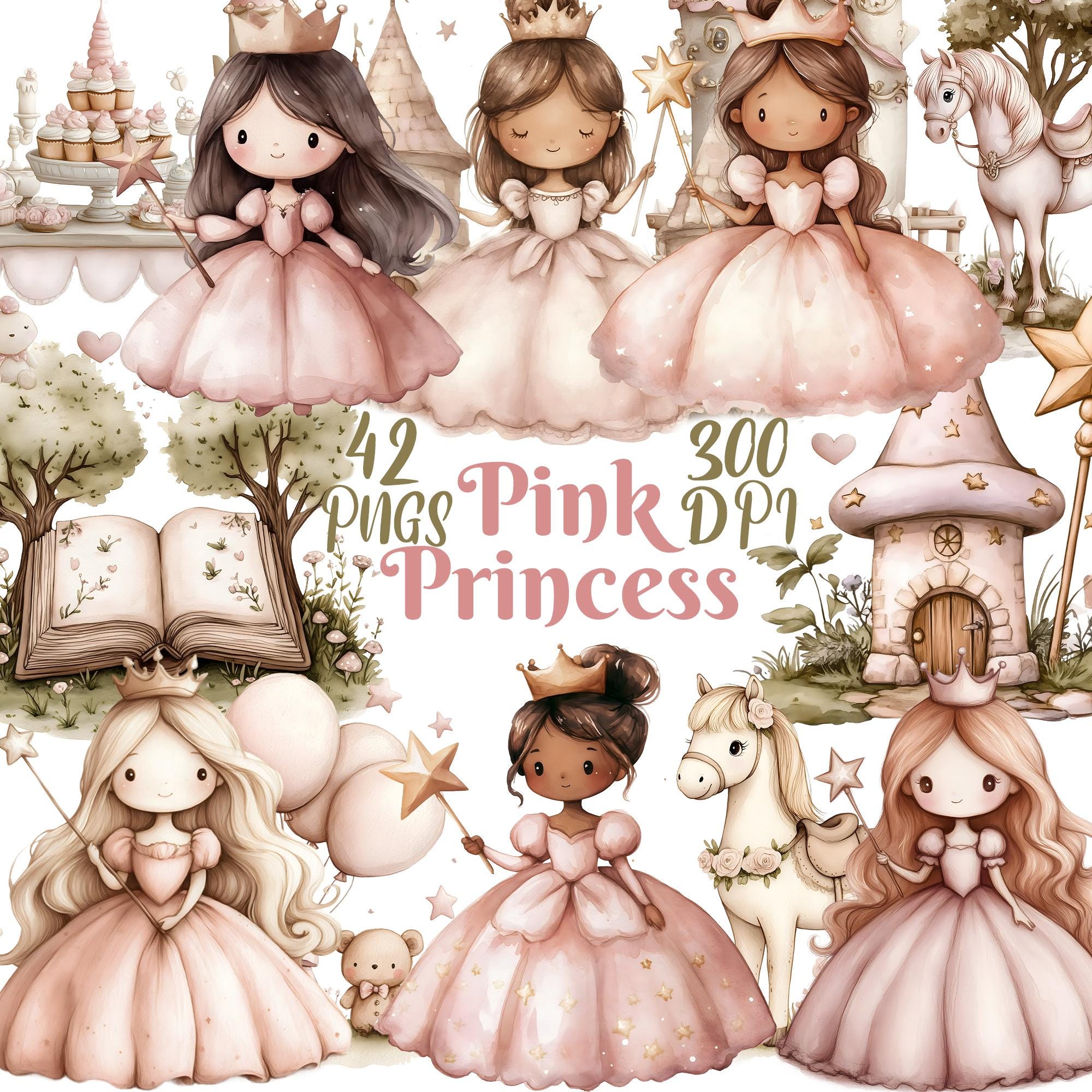 Pink Princess Clipart, Set of 42 PNG Bundle, 300 DPI Clip Art ...