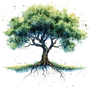 Imágenes prediseñadas del árbol de la vida, conjunto de 11 imágenes prediseñadas PNG de acuarela, árbol genealógico verde, raíces, linaje, Biblia, amor, aire libre, pegatinas digitales