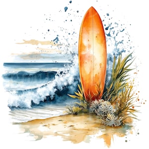 Clipart tavola da surf, set di 16 PNG Bundle, acquerello oceano onda sabbia spiaggia vita decorazione nautica tavola da surf California mare tropicale Hang Ten