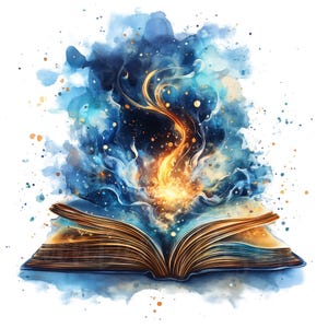 K&ouml;nnte beinhalten: Aquarellillustration eines offenen Buches mit leuchtenden Seiten. Ein Ausbruch aus blauem und goldenem Licht geht von dem Buch aus, was auf Magie oder Wissen hindeutet. Das Kunstwerk zeigt eine Mischung aus Blau-, Gold- und Oranget&ouml;nen und erzeugt eine mystische Atmosph&auml;re.