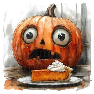 Scared Pumpkin Pie Clipart, Set of 12 PNG Bundle, Transparent Background, Fall Halloween Watercolor Clip Art Junk Journal Scrapbooking Jack