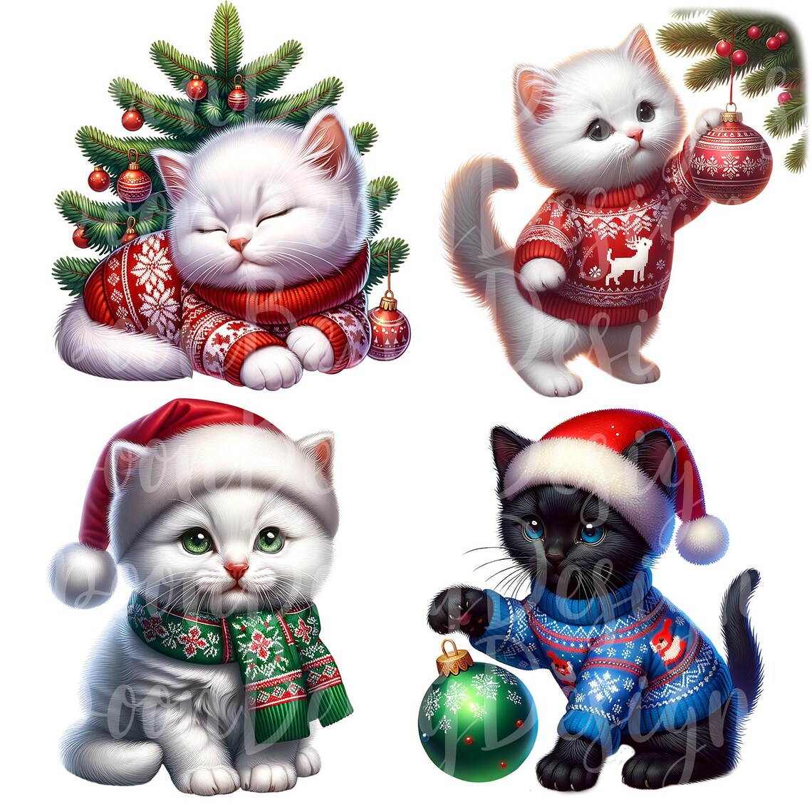 Christmas Kittens Clipart, Set of 15 PNG Bundle, 300 DPI Clip Art ...