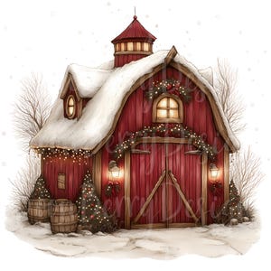 Christmas Red Barn Clipart, Set of 20 PNG Bundle, 300 DPI Clip Art, Watercolor Holiday Digital Graphic, Farm Barnyard Festive Winter Clipart