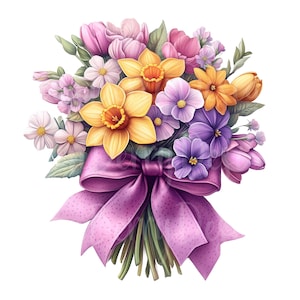 Clipart de buquê de flores de primavera, conjunto de 15 PNG Bundle, 300 DPI Clip Art, arco de festa de jardim de casamento de flores silvestres, aquarela pastel, gráfico digital