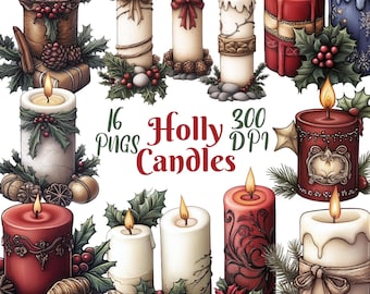 Candle Clipart, Set of 16 PNG Bundle, 300 DPI Clip Art, Winter Christmas Clipart, Watercolor Holly Holiday Graphic Wick, Sublimation, POD