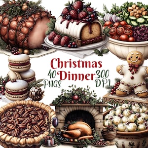 Christmas Dinner Clipart, Set of 40 PNG Bundle, 300 DPI Clip Art, Winter Feast Clipart, Watercolor Holiday Graphic Artwork, Sublimation, POD