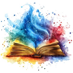 K&ouml;nnte beinhalten: Aquarellillustration eines offenen Buches mit goldenen Seiten. Eine lebendige Explosion aus blauer, roter und gelber Aquarellfarbe umgibt das Buch, mit funkelnden Sternen, die aus den Seiten kommen.