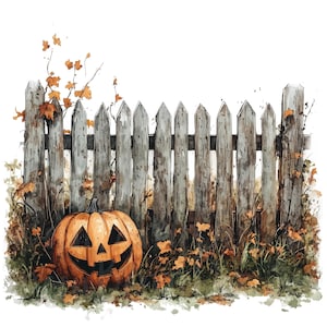 May include: Watercolor illustration of a Halloween scene. An orange jack-o'-lantern with a carved face sits in front of a weathered gray picket fence. Autumn leaves and foliage surround the pumpkin and fence.