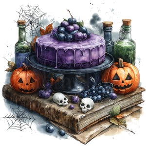 Halloween-tårtor Clip Art, set med 12 PNG-paket, transparent bakgrund, höstakvarell clipart häxor, skräpjournal, ephemera scrapbooking