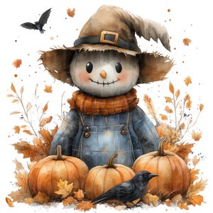 May include: A watercolour painting of a scarecrow wearing a brown hat and blue overalls standing in a field of pumpkins. The scarecrow is surrounded by autumn leaves and a black crow.