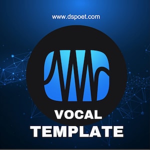 Może przedstawiać: Logo z niebiesko-czarnym designem i białym tekstem "VOCAL TEMPLATE". Logo przedstawia stylizowany kształt "W" w odcieniach niebieskiego, na czarnym okręgu. Adres strony internetowej "www.dspoet.com" jest wyświetlany u góry.