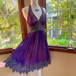 Vintage Caché purple silk beaded halter dress