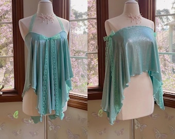 Handcrafted Sea Green Metallic Mermaid Poncho/Halter Top