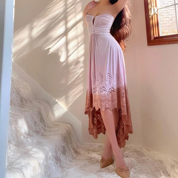 Vintage Sky Baby Pink Ombre Embroidered Ruched High Low Midi Dress - Etsy Vintage Sky Baby Pink Ombre Embroidered Ruched High Low Midi Dress - Etsy