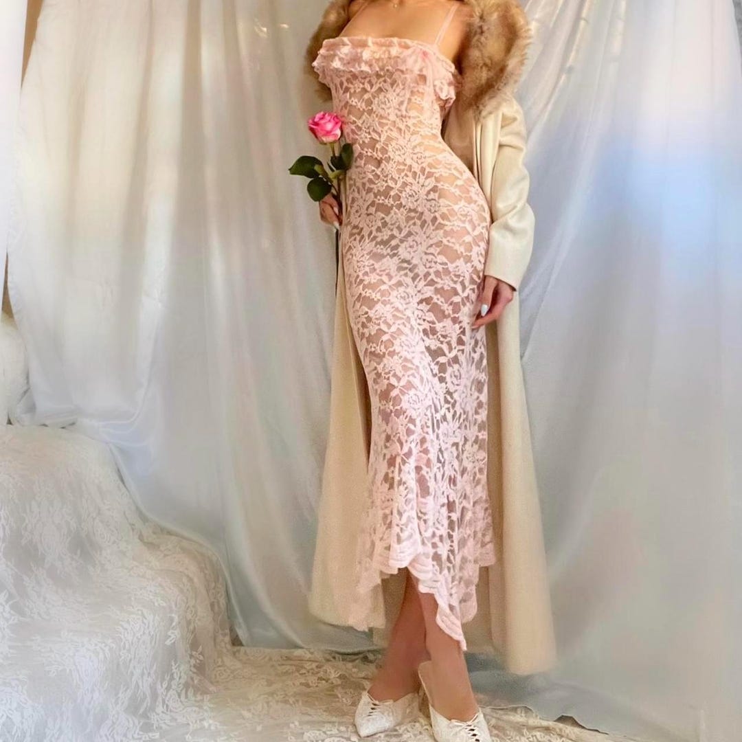 Handcrafted Baby Pink Ruffle Asymmetric Hem Fairy Lingerie Midi Dress ...