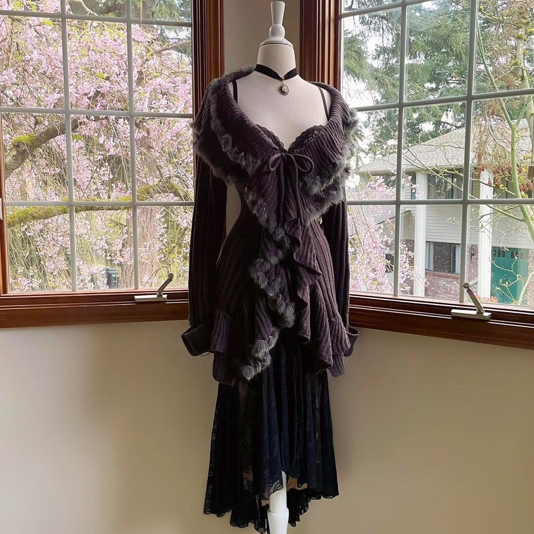 Venus Dark Gray Faux Fur Trimmed Ruffle Cardigan - Etsy