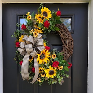 Fall sunflower wreath with red roses and black striped burlap bow sunflower wreath for front door sunflower decor indoor outdoor immagine 1