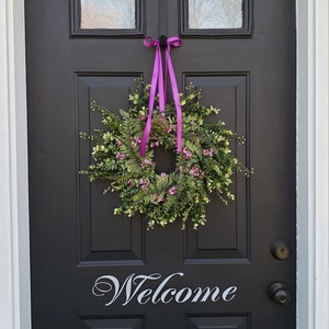 Fern eucalyptus wreath with purple flowers and ribbon, purple wreath, purple indoor wreath